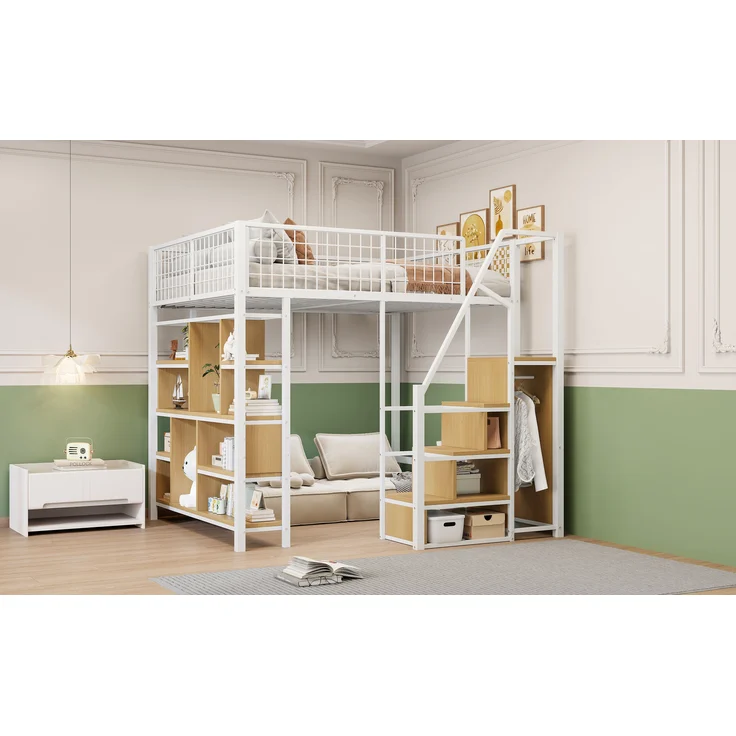 Multifunktionales Hochbett 140x200 cm aus Metall mit Stauraum und Treppe – weiß – Bild 4