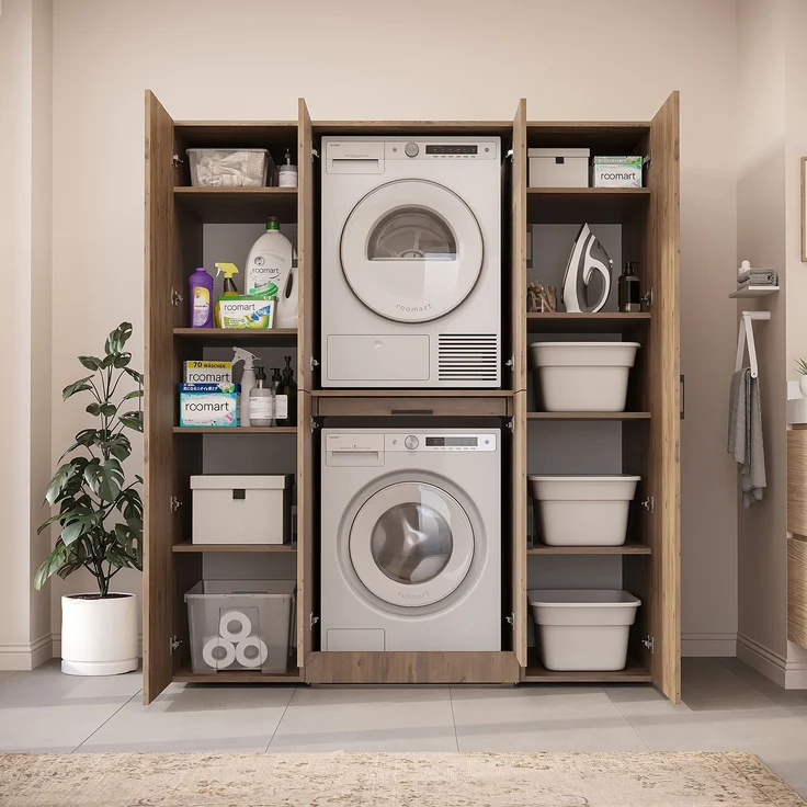 Roomart Waschmaschinenschrank - DORA-I- 160 cm breit - Wasch- & Trocknerschrank mit 2 Hochschränken, Türen & Ausziehbrett, Waschmaschinen-Überbau für Waschküche & Hauswirtschaftsraum • Eiche – Bild 4