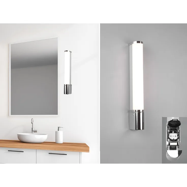 LED Bad Wandleuchte PIERA mit Steckdose Chrom 41,5cm - Spiegelleuchte
