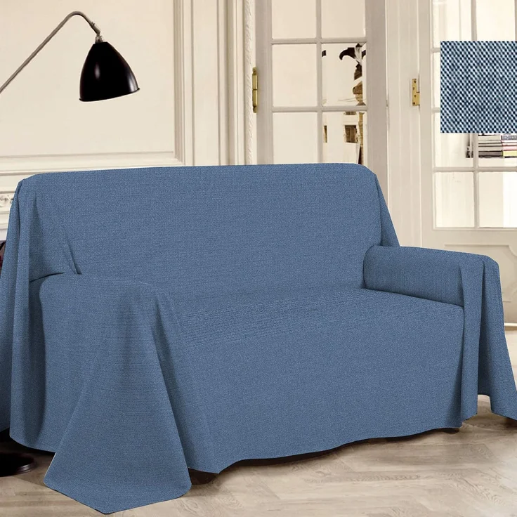 PENSIERI DELICATI Sofabezug 220x290 cm Made in Italy, Garn gefärbtes Abdeckung aus 100% Reiner recycelter Baumwolle, Einfarbig Blau, Ideal als Möbel Tuch, Sofa Überzug, Picknickdecke