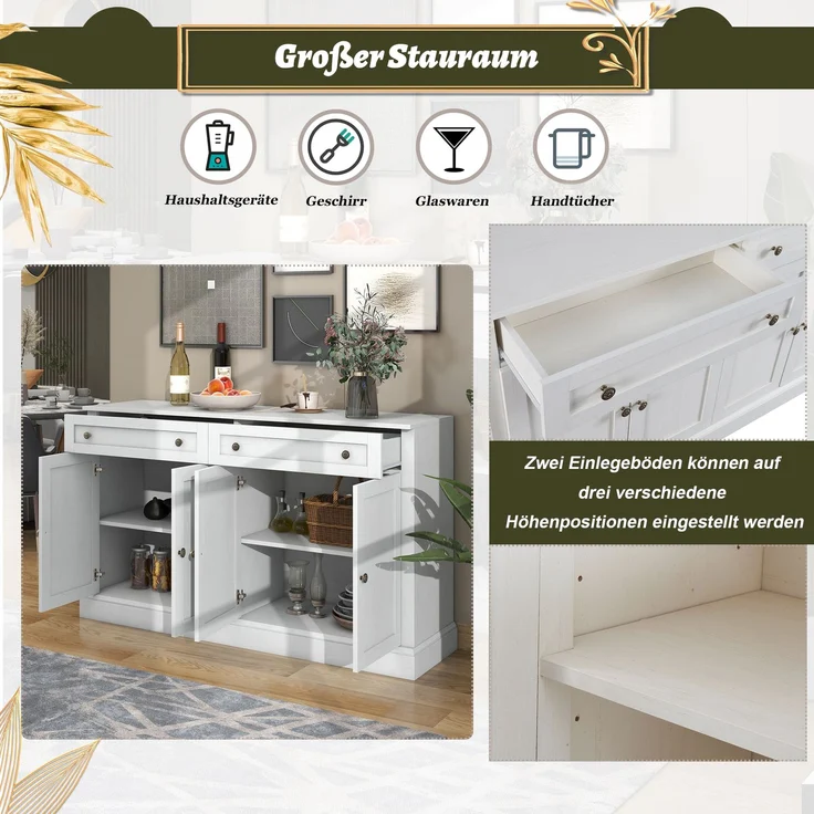 Sideboard Buffetschrank Weiß mit Naturholzplatte, 4 Türen & 2 Schubladen, großer Aufbewahrungsschrank für Küche Wohnzimmer Flur – Bild 4