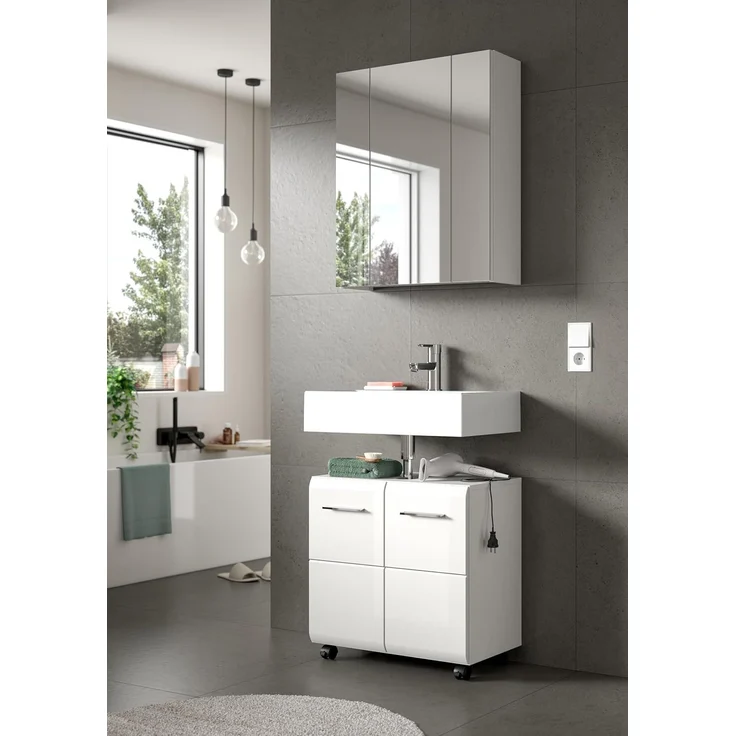 xonox. home – Badkombination Ice auf Rollen 60x185x30 cm in weiß Hochglanz – 2-teiliges Set inkl. Waschbeckenunterschrank auf Rollen & Spiegelschrank – Flexibel, modern & ideal für kompakte Badezimmer – Bild 5