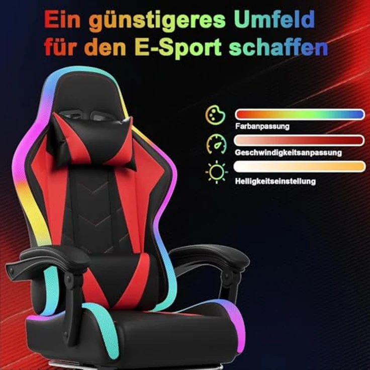 JUMMICO Gaming Stuhl mit led, Cool Racing Gamer Stuhl, Ergonomischer Bürostuhl mit Massagefunktion, Verstellbare Rückenlehne 90-135°, mit Teleskop Fußstütze, Gamingstuhl 150 kg belastbarkeit, Rot – Bild 6