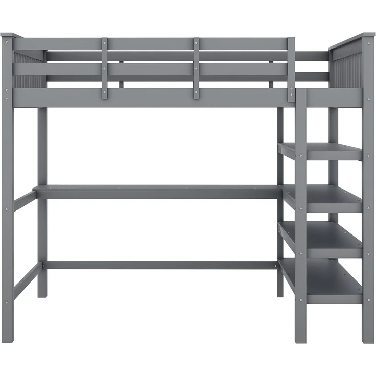 Hochbett 140x200 cm Kinderhochbett mit Schreibtisch, Ablagefächern, Kiefernholz + MDF, Grau, sichere Leiter – Bild 8