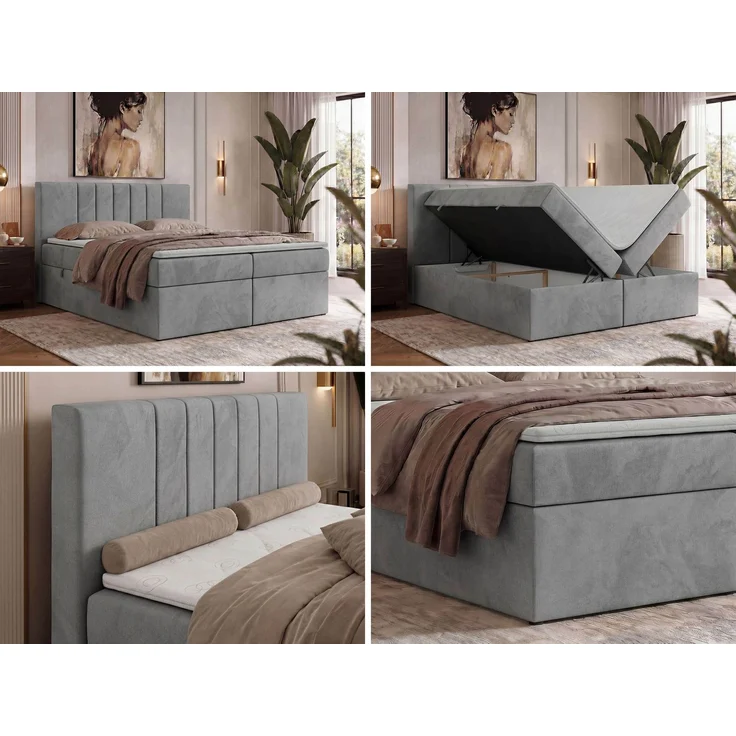 Boxspringbett INERO 180 x 200 mit Matratze H3 und Topper Visco, 7-Zonen-Multipocket-Kern, zwei Bettkästen, Doppelbett, gepolstert Kopfteil - Hellgrau Velvet – Bild 2