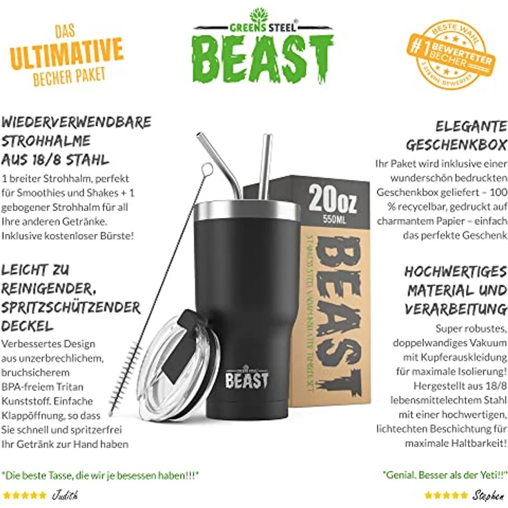 BEAST Edelstahl Becher Vakuumisolierte Tasse Kaffeebecher Doppelwandige Reiseflasche Thermobecher mit Spritzfestem Deckel, Paket mit 2 Strohhalmen, Rohrbürste & Geschenkbox (20oz, Schwarz) – Bild 4