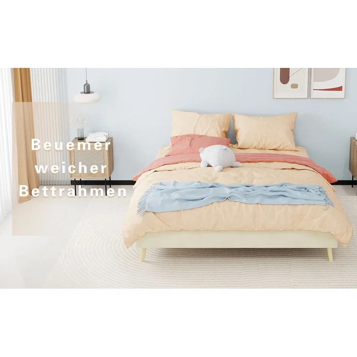 Novelux Modernes Bettgestell 160x200 cm Beige Samt - Plattformbett ohne Kopfteil, Minimalistisches Holzbett, Niedriges Bett für Modernes Schlafzimmer – Bild 6
