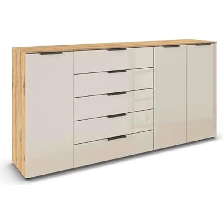 Rauch Möbel Flipp, Kommode für Schlafzimmer, Kinderzimmer, Wohnzimmer, Flur, Garderobe, 3-türig, 5 Schubladen, mit Softclose-Funktion, Farbe Eiche Artisan, Holz/Glas Beige, Breite 199 cm – Bild 2