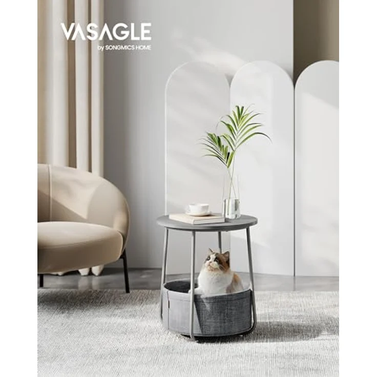 VASAGLE Beistelltisch rund, Kleiner Tisch, Couchtisch klein, Wohnzimmertisch, Korb aus Stoff, Stauraum für Wohnzimmer Schlafzimmer, Nachttisch modern, Taubengrau-schiefergrau LET223GD01 – Bild 3
