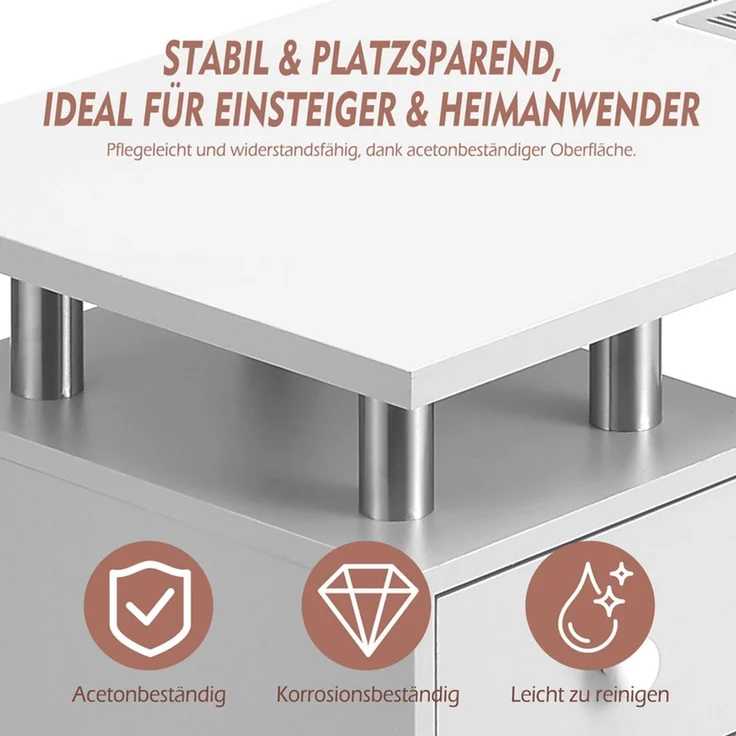 Home Nature Wohnkonzept Maniküretisch mit Absaugung 120 cm, Nageltisch mit 3 Schubladen, 1 Schrank & Rollen, mit Staubschutzabdeckung – weiß für Nagelstudio & Kosmetik – Bild 4