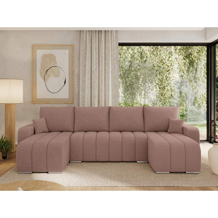 U-förmiges Ecksofa mit Schlaffunktion und Bettkasten, Couch U-form - KIRASSO U - Rosa Boucle – Bild 3
