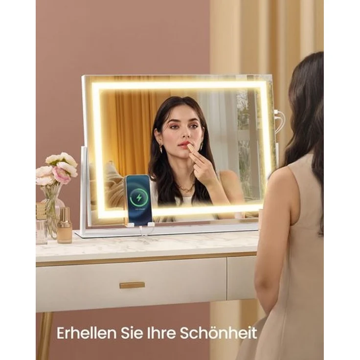 SONGMICS Schminkspiegel, mit LED-Beleuchtung, Touch-Steuerung, 15 LED-Glühbirnen, mit Ladeanschlüssen, 10x Vergrößerungsspiegel, 3 Lichtfarben, dimmbar, Handyhalter, Glas/Stahl/MDF mattweiß, 10 x 62,5 x 45,8 cm – Bild 2
