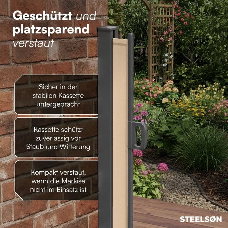STEELSØN 'Zirella' Seitenmarkise mit Aluminium-Kassette, ausziehbar, 160x400 cm, beige/anthrazit, Windschutz, wetterfest und blickdicht – Bild 6