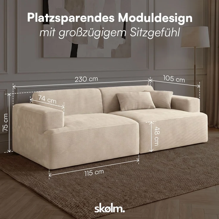 skølm 'Freki' Cloud Sofa 2 Sitzer, Vollschaumcouch mit Federkern und Vakuum-Kompression, kein Aufbau erforderlich, mit 2 Kissen, Cord beige – Bild 7