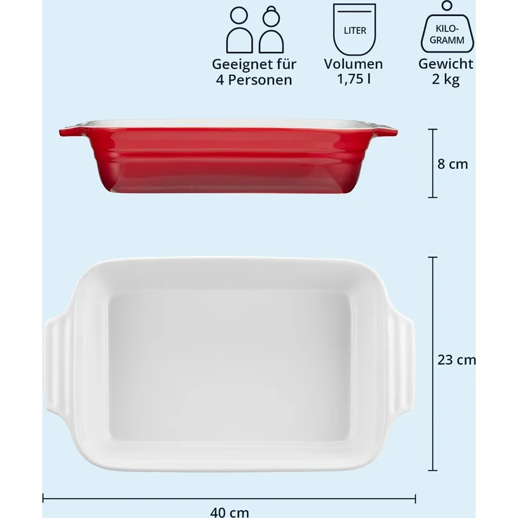 KHG Auflaufform groß 40 cm mit 3 Liter in Rot für 4-6 Personen, Ofenform Keramik Steingut rechteckig & kratzfest, Backform für Lasagne Tiramisu Aufläufe & mehr – Bild 6