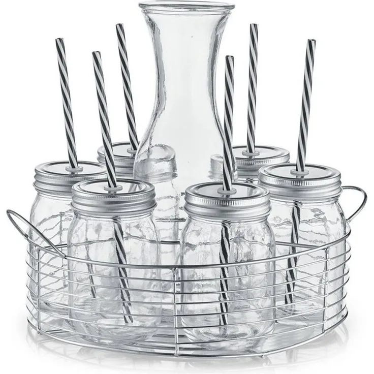 Neuetischkultur Karaffe Gläserset mit Glaskaraffe, (Set, 8-tlg, 1 Karaffe, 6 Gläser mit Deckel und Strohhalm, 1 Tragekorb)