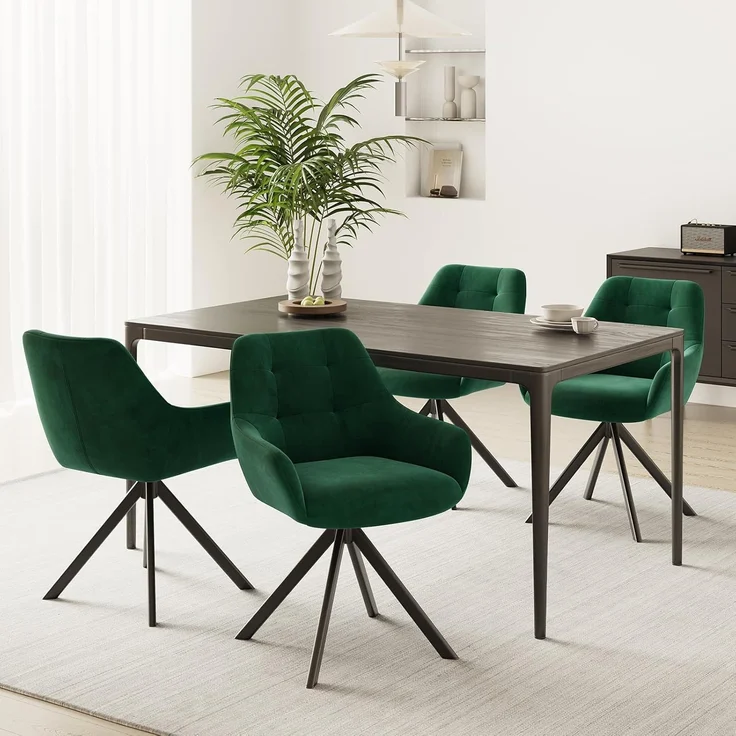 COLAMY Drehbare Esszimmerstühle 4er Set, Esszimmerstühle Drehbar mit Armlehne, Armlehnstuhl Drehbar mit Rückenlehne für Esszimmer, Stühle aus Weichem Florstoff mit Metallgestell für Küche, Grün – Bild 2