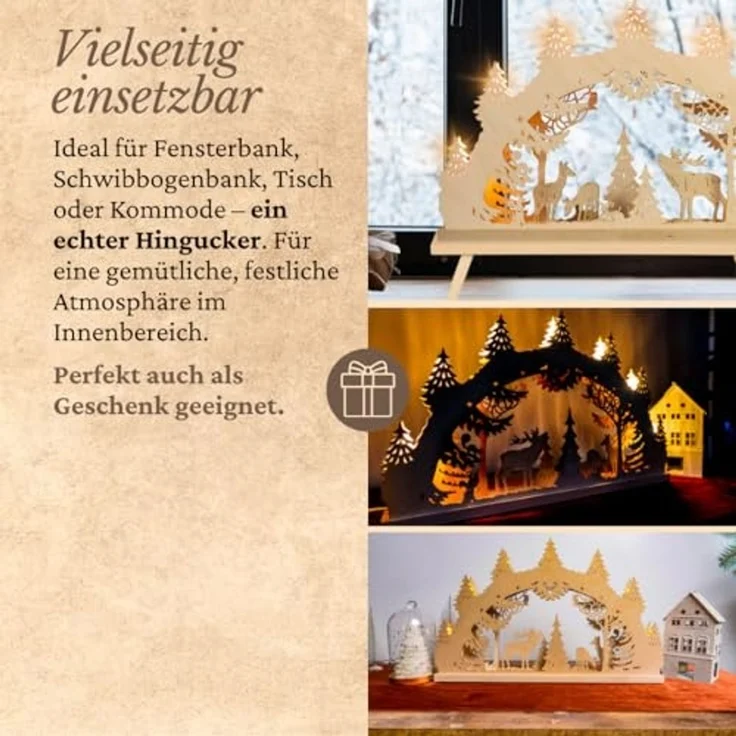 Weigla Schwibbogen Hirschfamilie, Lichterbogen aus Holz, NATUR, Made in Germany (1-tlg), Erzgebirge garantiert, Weihnachtsdeko Innen, Weihnachtsbeleuchtung – Bild 4