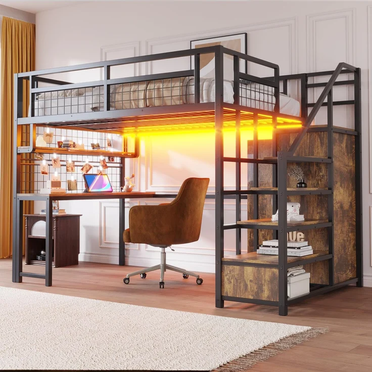 Ball & Cast Loft Bed (140x200 cm) mit Aufbewahrungsleiter und Einfachem Kleiderschrank, Metal Hochbett mit Tisch + Netzregal, Stabil & Rauschlos, Schwarz
