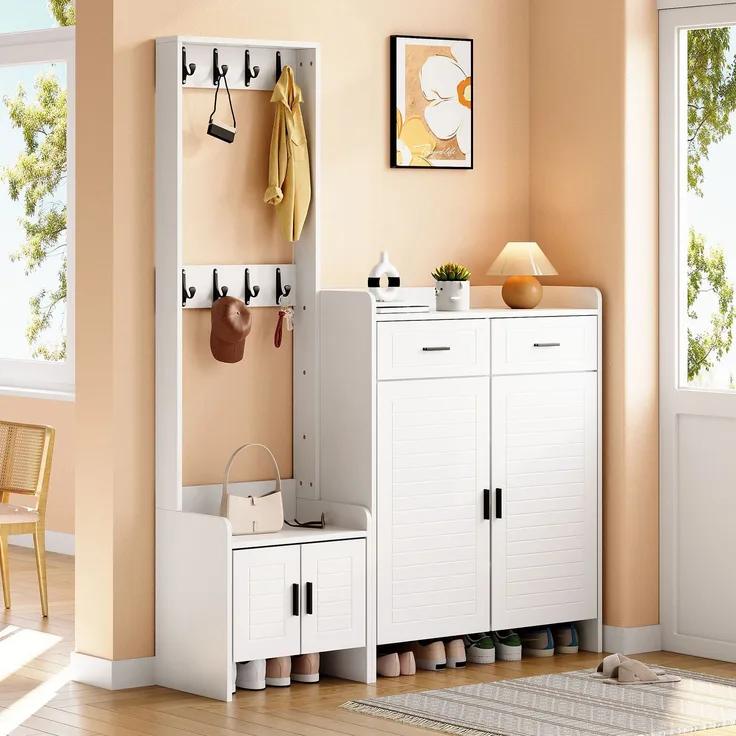 Faumrta Garderoben- und Schuhschrank-Set für den Eingangsbereich mit 2 Schubladen, 2 Schranktüren, 6 Ablagen und 8 Haken. Ideal für Flur und Eingangsbereich. Farbe: Weiß,125*36*165CM125CM*32CM*165CMWeißMDF (Medium-Density-Faserplatte)