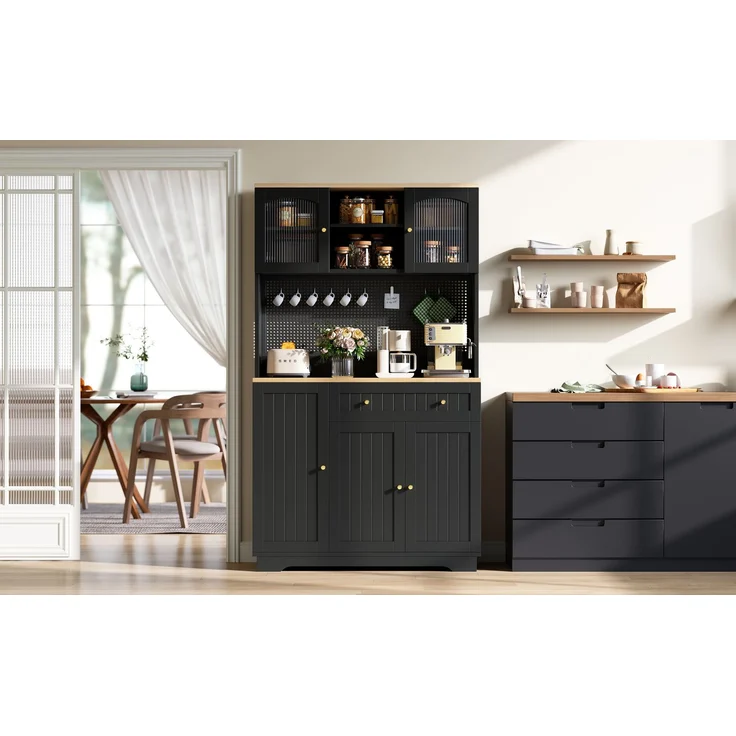 ZUBALIYA Vitrinenschrank mit Tür / Küchenschrank, mit verstellbaren Einlegeböden und lochblech, Schwarz, 103.5 x 40 x 180 cm, fürs Kinderzimmer, mit Schubladen, mit Stauraum – Bild 24
