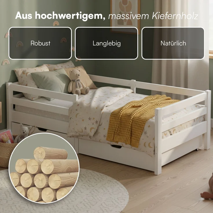 Bellabino 'Iskri' Kinderbett 90x200 cm mit 2 Schubladen, weiß, Massivholz Kiefer, Jugendbett mit Rausfallschutz und Lattenrost – Bild 8