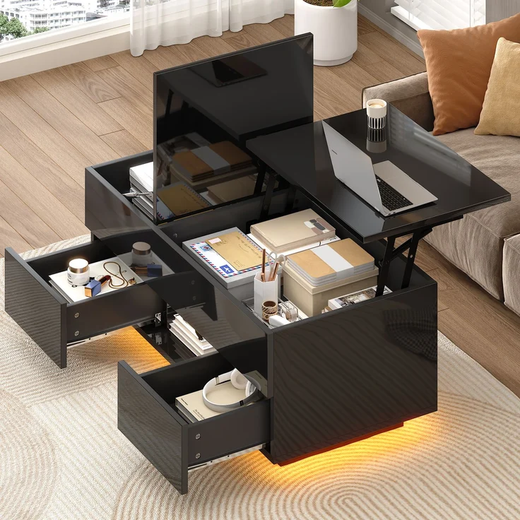 EINHOM 100 x 45 x 43 cm Anhebbarer Couchtisch mit 2 Schublade, Hochglanz-Beistelltisch mit LED, Sofatisch, Kaffeetisch, Wohnzimmertisch mit Verstecktem Stauraum, Schwarz, Spanplatte – Bild 1