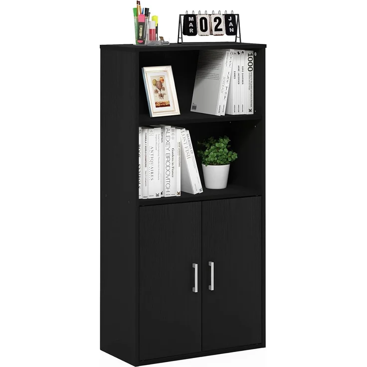 Furinno Pasir Bücherregal mit 2 Offenen Einlegeböden und 2 Türen, Schwarze Eiche – Bild 5