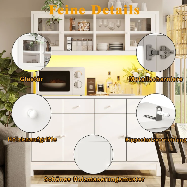 Hochbuffetschrank 140*38.5*180cm mit App-gesteuerter RGB-LED, Glastüren & 4 Schubladen, verstellbare Einlegeböden, Naturholz-Optik, belastbar bis 100kg – Bild 5