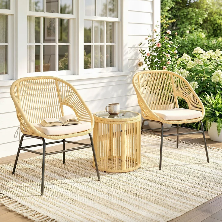 3-teiliges Bistro-Balkon-Set: 2 bequeme Sessel und ein Tisch aus gehärtetem Glas, abnehmbare Kissen in Beige – Bild 3