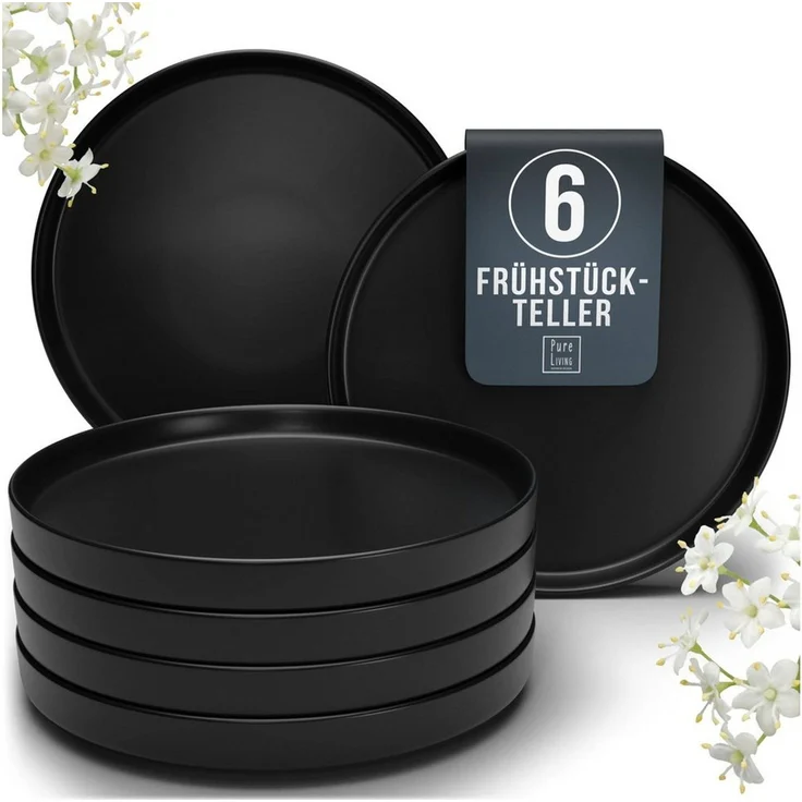 PURE LIVING INTERIOR DESIGN Geschirr-Set Manhattan Dessertteller, Frühstückteller, 6er-Set, 20 cm, Schwarz (1-tlg), 6 Personen, Steingut, Robust, kratzfest, spülmaschinenfest und mikrowellengeeignet – Bild 1