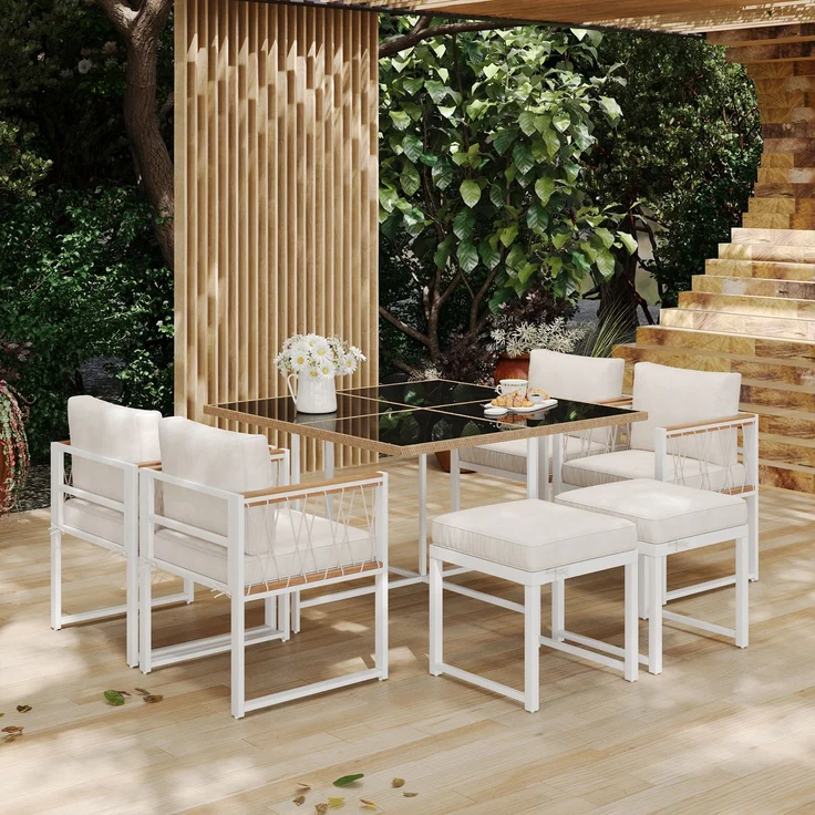 LVHOM 7-tlg. Garten-Essgruppe, Gartenmöbel Set mit Kissen, Gartenlounge-Set Akazie, Sitzgruppe Polyrattan, Loungeset Balkonset für 6 Personen – Bild 1