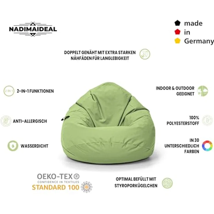 Nadimaideal Sitzsack Tropfenform Kastanie | Bodenkissen für Kinder & Erwachsene | Indoor & Outdoor | Gaming Sitzsack - Sitzkissen - Beanbag | Füllung EPS Perlen (Limettengrün, XXL-Durchmesser 88 cm) – Bild 4