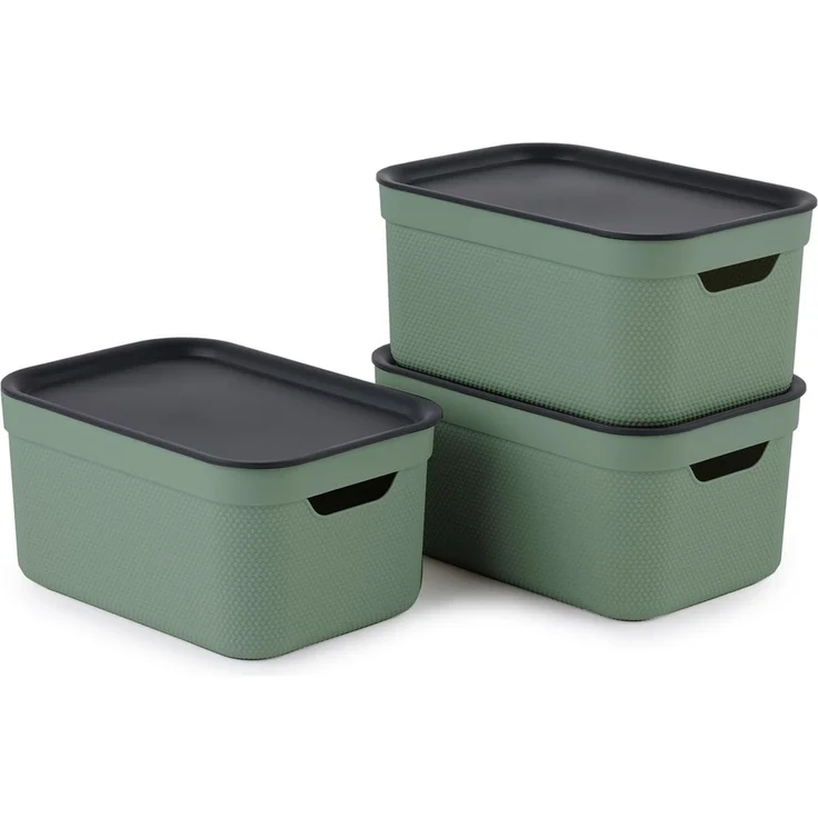 Jive Dekobox 3er-Set Aufbewahrungsbox 5l mit Deckel, Kunststoff (PP recycelt), grün/anthrazit, 3x5l (26.5 x 18.5 x 13.2 cm)