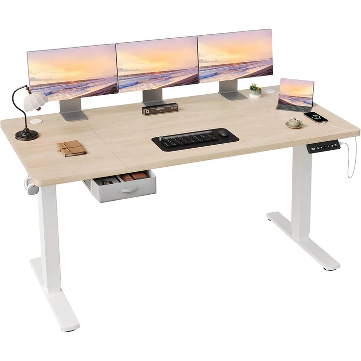 JUMMICO Höhenverstellbarer Elektrischer Stehtisch 180x80 cm mit Schublade und Haken – Höhenverstellbarer Sitz-Steh-Tisch mit Stabilem Stahlrahmen, Breiter Stehtisch für das Homeoffice, Beige