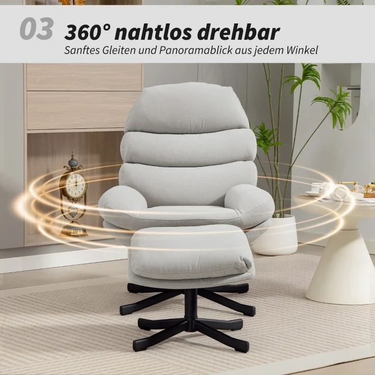 Relaxsessel mit Ottomane, Chenille, 360° drehbar, breite Sitzfläche, Stahlkreuzbasis, bis 120kg, gemütlich – Bild 5