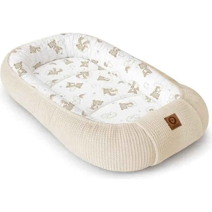 Babynestchen Neugeborene – Nestchen Baby aus Waffel Baumwolle & Baumwollstoff – Babynest für Babybett & Kinderbett – Baby Kokon Tragbar – OEKO-TEX – Zubehör für Babybett - Teddy und Hellbeige – Bild 1