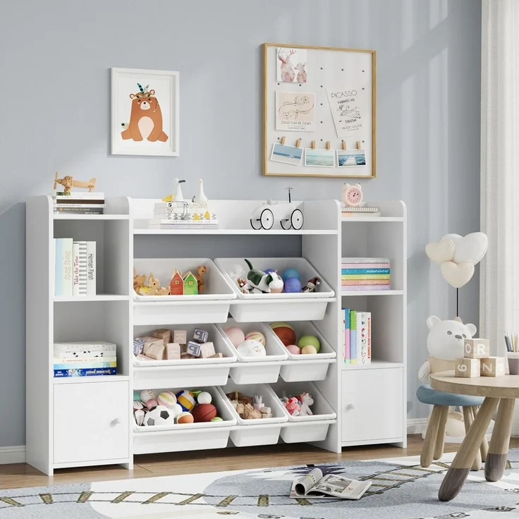 Homfa Spielzeugtruhe, Kinderregal Bücherregal Spiegelregal mit 8 Boxen weiß 138 x 29 x 94 cm – Bild 2
