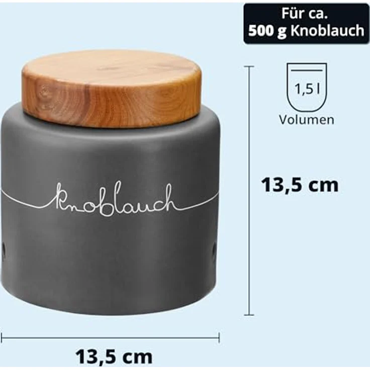 KHG Knoblauch Aufbewahrung Keramik Steingut poliert, Anthrazit Grau Holz-Deckel Bambus, Knoblauchdose Kapazität 250 g oder 1,5 Liter, rund & mit Beschriftung, Knoblauch Behälter Höhe 13,5 cm & 13,5 cm – Bild 5