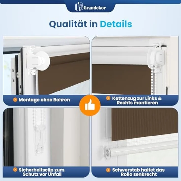 Grandekor Doppelrollo Klemmfix ohne Bohren Weiß-Beige-Braun 90x150 cm(Stoffbreite 86cm) Fenster Rollos für innen Klemmrollos Duo Rollos für Fenster ohne Bohren mit Bohren Privatschutz Zebrarollo – Bild 5