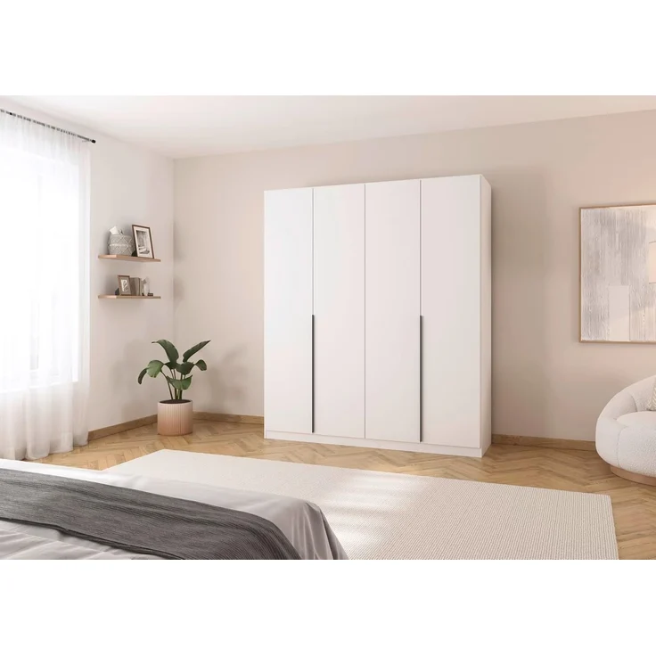 Rauch Möbel Alabama, Kleiderschrank, Garderobe, 4-türig, Zubehör Premium, 2 Kleiderstangen, 7 Einlegeböden, Schubladeneinsatz, Farbe Weiß, Griff Grau metallic, 181 x 229 x 54 cm – Bild 2