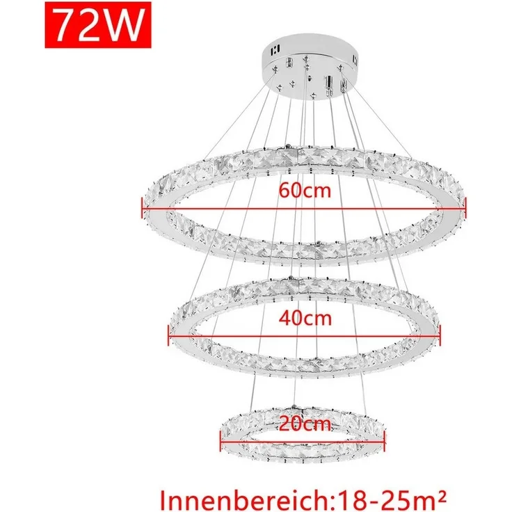 FIVMEN LED Deckenleuchte Pendelleuchten 48W/72W/96W Hängelampe Kronleuchter Dimmbar, LED fest integriert, Kristall Hängeleuchte 2 Ringe/3 Ringe