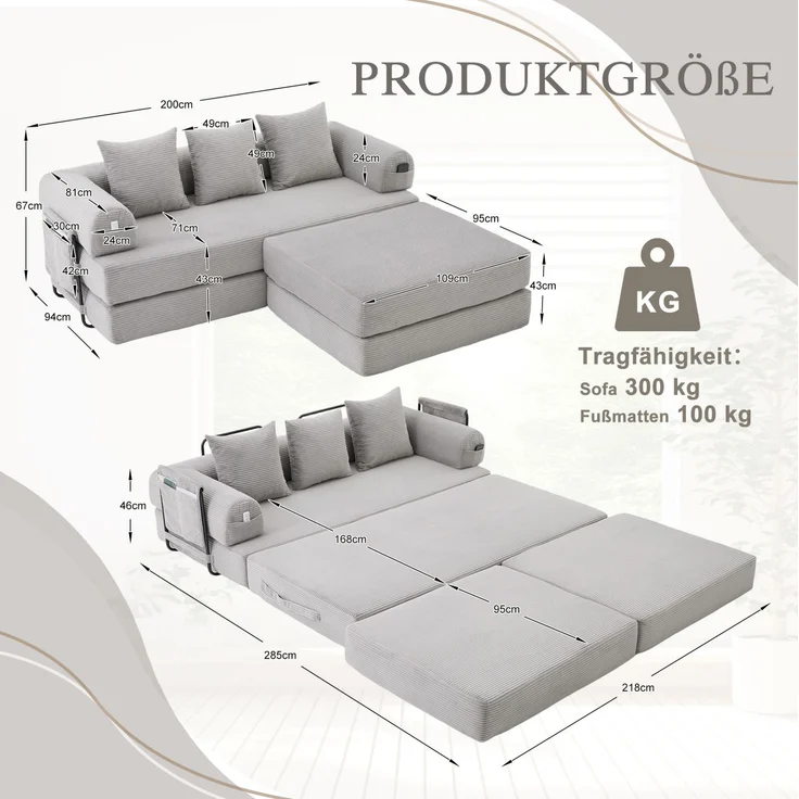 Modulares Cordsofa mit Hocker, Metallgestell & Seitentasche, 200x190x67 cm, Hellgrau – Bild 6
