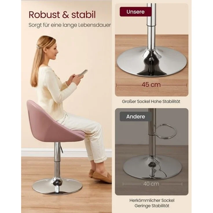 VASAGLE Stuhl verstellbar, Schminkstuhl, Bürostuhl, drehbar, Barhocker mit Rückenlehne und Sockel, Stahl, für Theke, Büro, Schminktisch, Esszimmer, 52,5x50 x (81,5–93,5) cm – Bild 5