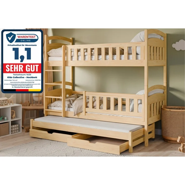 Kids Collective Etagenbett Hochbett Stockbett Kinderbett 90x200 cm mit Ausziehbett und Schubladen (Modell 2025), Umbaubar zu 3 Einzelbetten mit Lattenrosten & Rausfallschutz, Natur – Bild 5