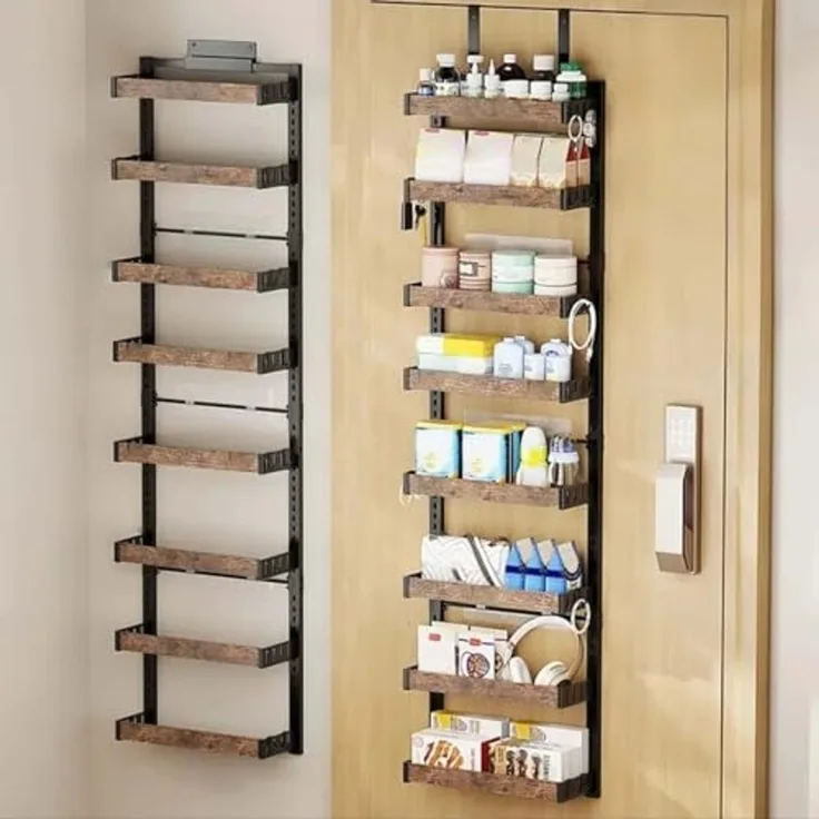 Tür Türorganizer Hängeorganizer 8 Etagen, Türregal zum Einhängen Metall mit Verstellbarem 8 Körben, Wandmontage-Gewürzregal Badregal Ohne Bohren für Küche, Schrank, Bad, 45x14x170cm, Schwarz