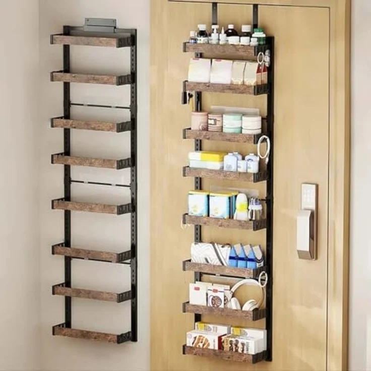 Tür Türorganizer Hängeorganizer 8 Etagen, Türregal zum Einhängen Metall mit Verstellbarem 8 Körben, Wandmontage-Gewürzregal Badregal Ohne Bohren für Küche, Schrank, Bad, 45x14x170cm, Schwarz – Bild 1