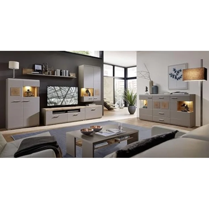 Barschrank >Kathlin< Barfach, Stauraum, LED, basalt / Eiche Dekor - 120x129x37 (BxHxT) – Bild 7