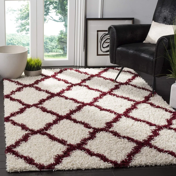 SAFAVIEH Zottelig Teppich für Wohnzimmer, Esszimmer, Schlafzimmer - Dallas Shag Collection, Hoher Flor, Elfenbein und Rot, 122 X 183 cm