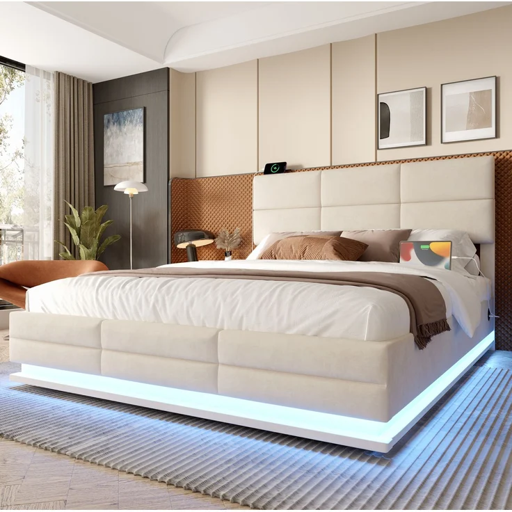 Boxspringbett Samt Beige Höhenverstellbar mit LED Beleuchtung USB Anschluss Hydraulik Stauraum Kopfteil Doppelbett – Bild 1